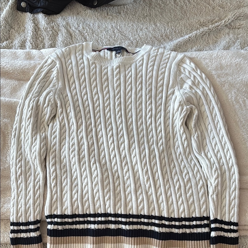 White Cable Knit Tommy Hilfiger Sweater with Black Stripes